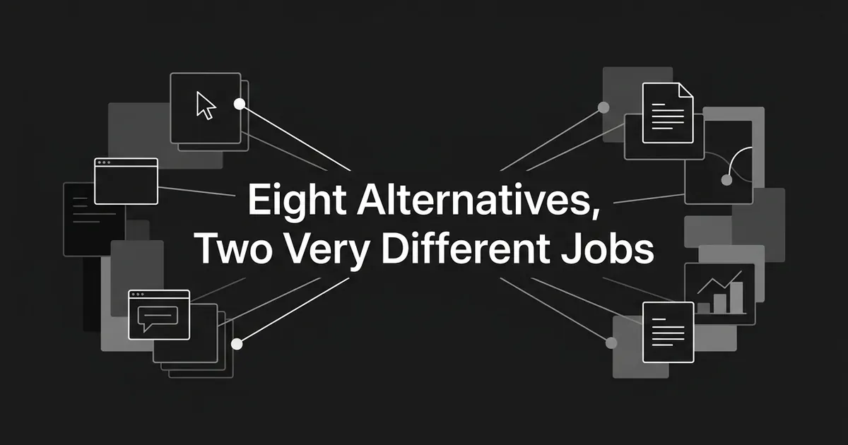 Two clusters of abstract cards, browser windows and chat icons on a charcoal background converge on the centred line Eight Alternatives, Two Very Different Jobs.