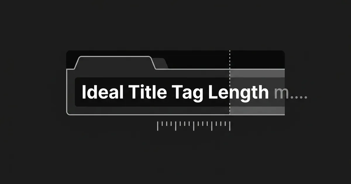 Monochrome illustration of a browser tab bar with the text Ideal Title Tag Length cut off by a dotted pixel-width marker, with a ruler tick mark below it representing a measured display width.