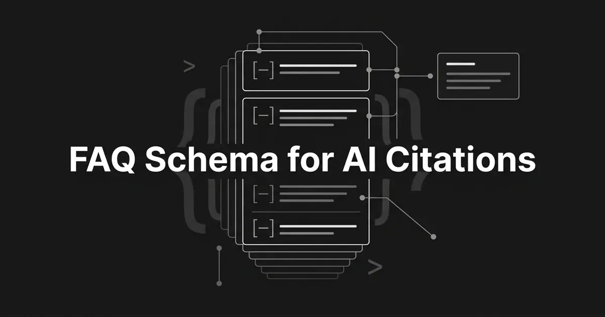 Monochrome geometric illustration of a stack of question and answer cards on a charcoal background, with connection lines carrying one pair out to a separate answer panel, under the centered white cover line "FAQ Schema for AI Citations".