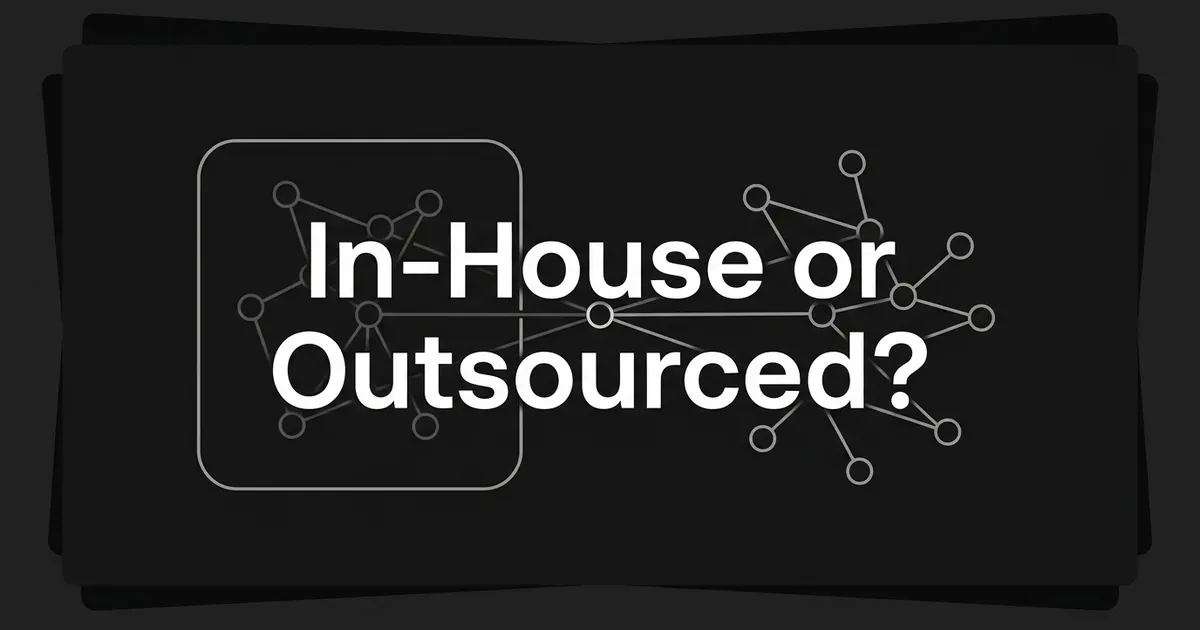 Monochrome cover reading In-House or Outsourced? over two clusters of connected nodes, one inside a rounded square outline and one outside it, joined through a central node.