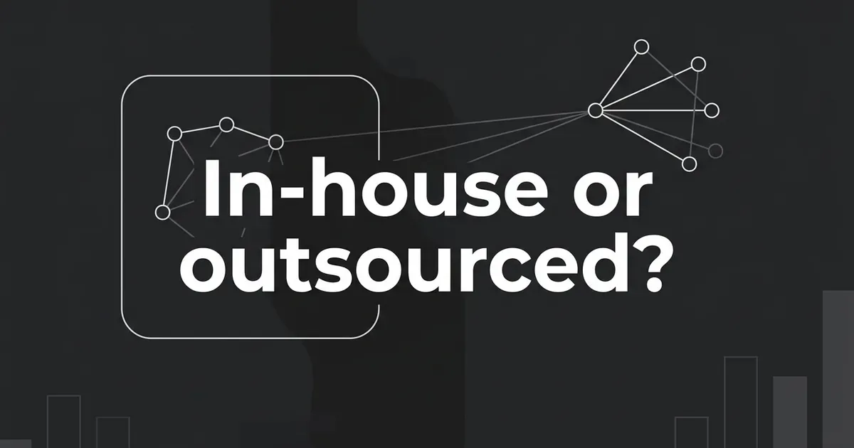 Cover with the line In-house or outsourced? in white on a charcoal background, between a node cluster inside a rounded square and a second node cluster outside it, linked by thin lines.