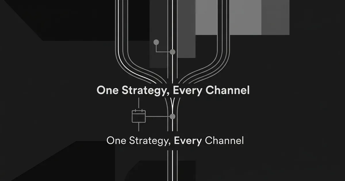 Abstract monochrome illustration of three parallel channel lines merging into one shared strategic line, representing an integrated content strategy across blog, social, and email.