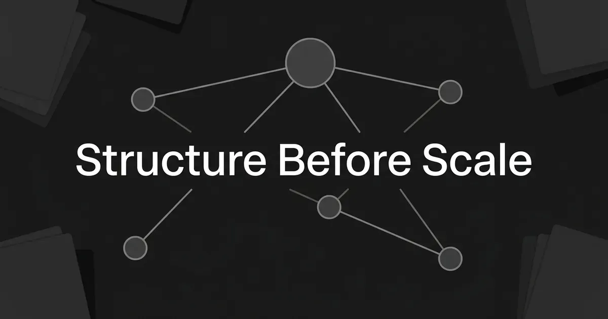 A small monochrome network of linked nodes spreads behind the cover line Structure Before Scale.
