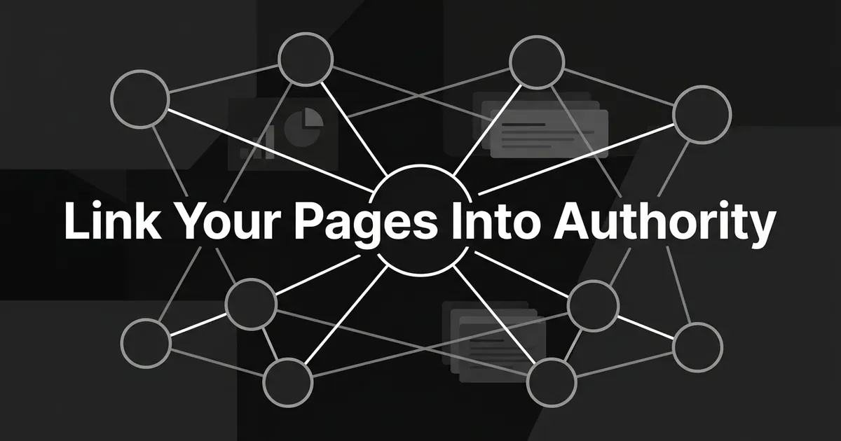 A monochrome hub-and-spoke link graph, with one white central node connected to a dozen gray nodes, sits behind the cover line Link Your Pages Into Authority.
