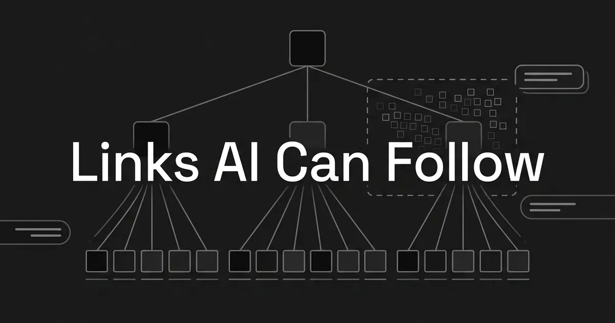 A monochrome diagram of a site link hierarchy, with one top node branching down through three mid-level nodes to a row of product cards while a dense cluster of filter URLs sits fenced off behind a dashed boundary, under the centred cover line Links AI Can Follow.