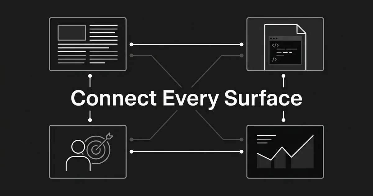 An abstract monochrome diagram of four content surfaces, an article, a documentation page, a persona-and-target icon, and a chart, wired together by connection lines behind the words Connect Every Surface.