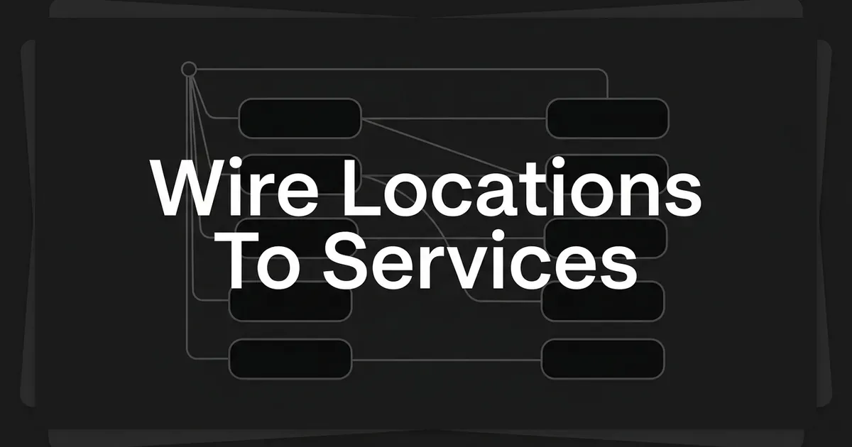 An abstract monochrome diagram of two columns of cards joined by a few connecting lines, with visible gaps where no line is drawn, behind the cover line Wire Locations To Services.