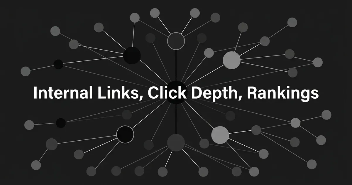 An abstract monochrome diagram of a website link graph, with a central homepage node connected by white and gray lines to nodes of varying size and distance, next to the cover line Internal Links, Click Depth, Rankings.