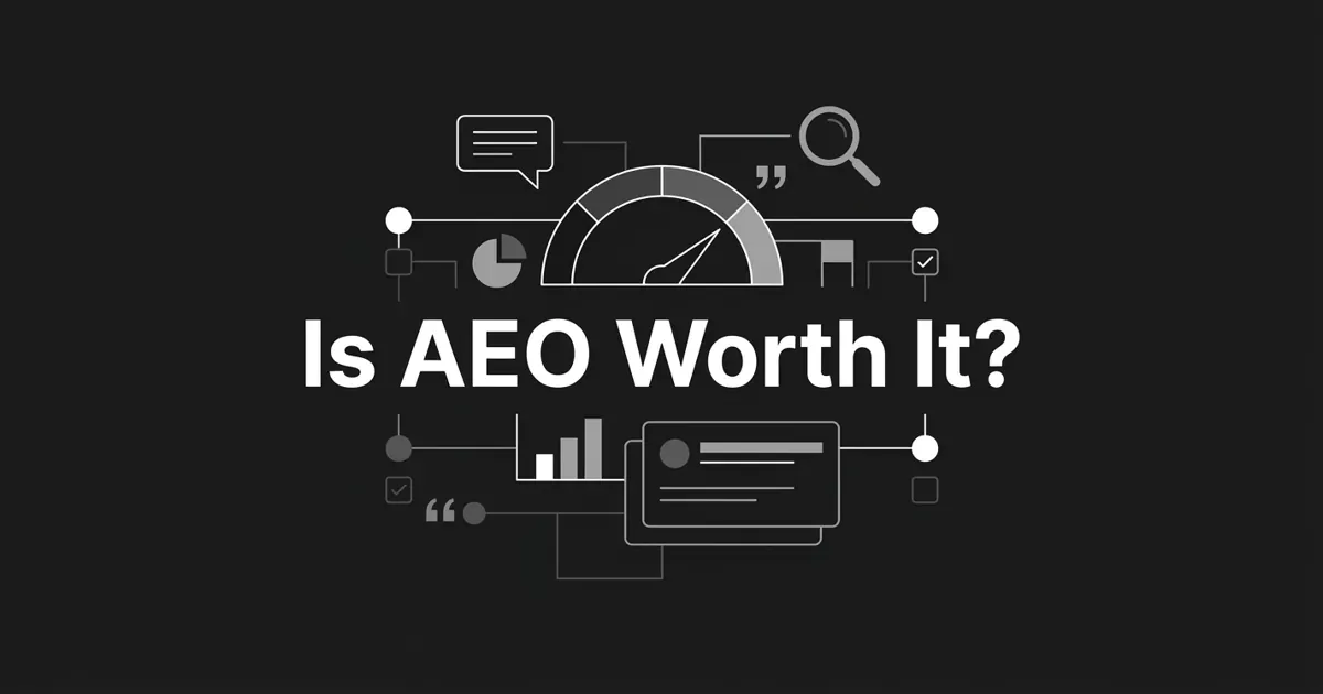 A monochrome flat-vector cover showing a go/no-go decision gauge with four signal indicators linked to answer-and-search motifs, under the centered white cover line 'Is AEO Worth It?' on a charcoal background.