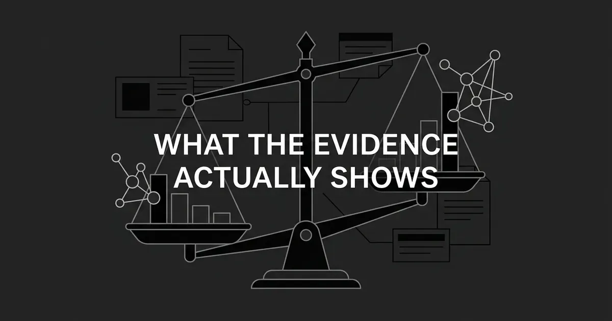 A monochrome illustration of a balance scale with shrinking and growing job data on each side, network nodes and document shapes in the background, and the text What The Evidence Actually Shows.
