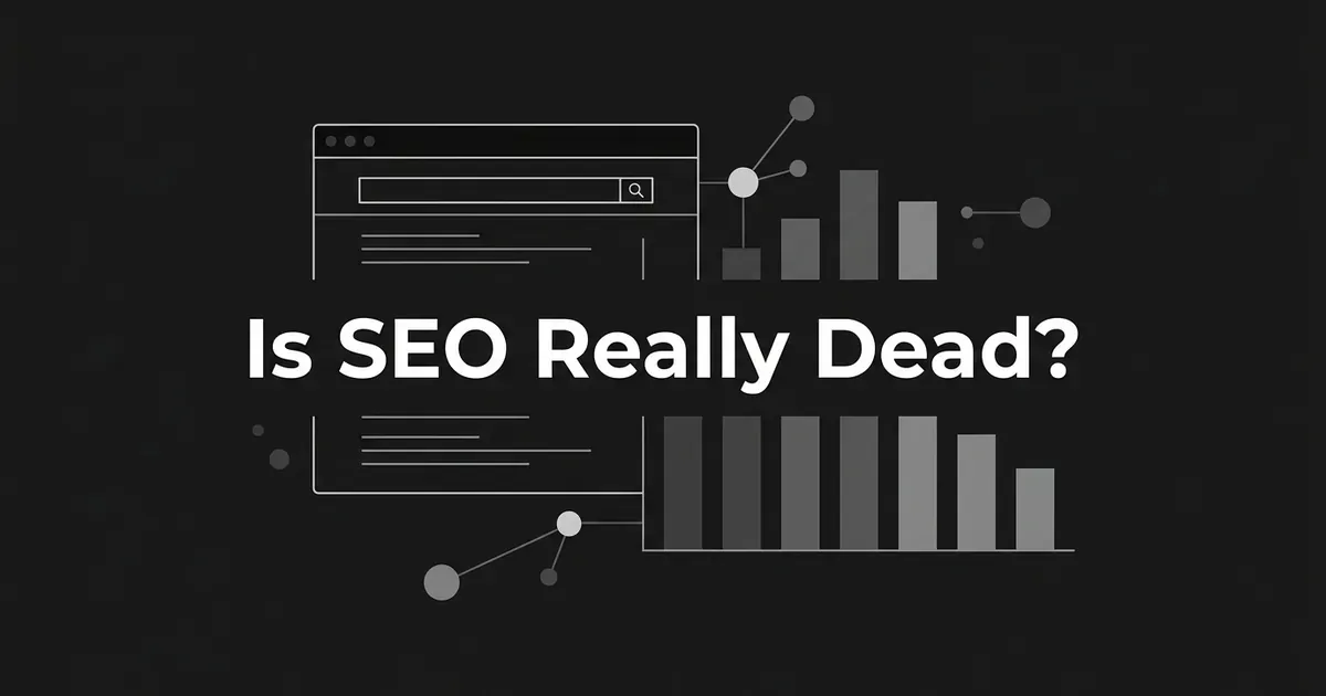 A monochrome illustration of a search results window beside bar charts trending in mixed directions, connected by small nodes, with the text Is SEO Really Dead centered on a charcoal background.