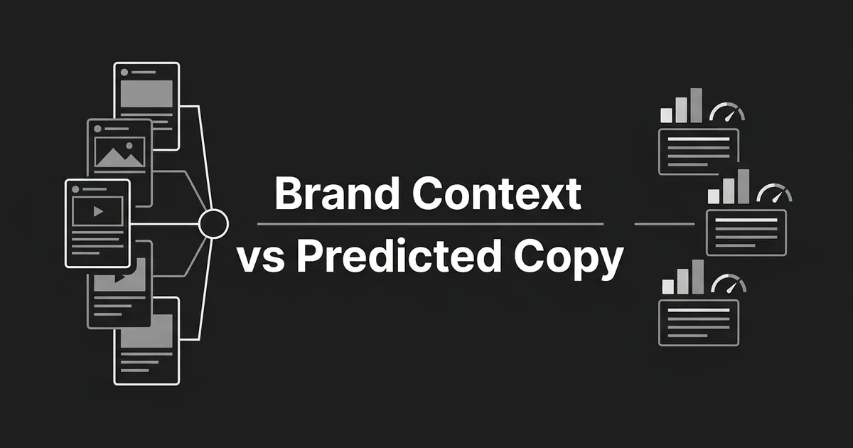 Dark monochrome cover with a stack of content cards feeding one central node on the left, three scored copy blocks with bar charts and dials on the right, and the line Brand Context vs Predicted Copy.