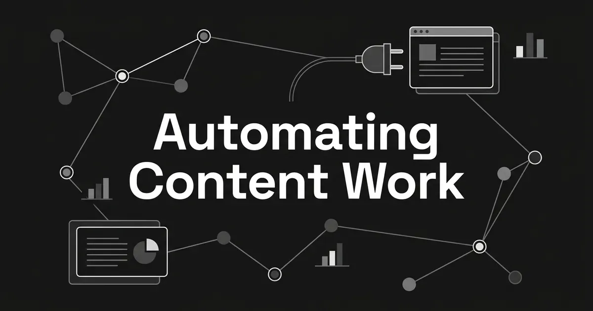 Monochrome line illustration of connected nodes, a plug joining a content card and small charts around the cover line Automating Content Work.