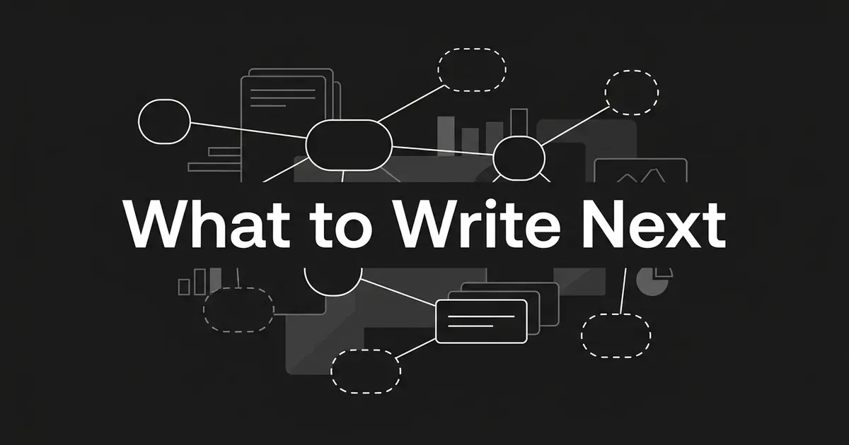 Charcoal cover with white text reading What to Write Next over a monochrome topic map of connected nodes, with several dashed empty nodes marking content gaps.