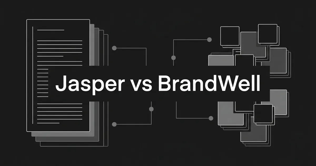 A dark monochrome cover with the line Jasper vs BrandWell over two abstract card stacks, one of long article pages and one of small channel tiles, joined by connection lines.