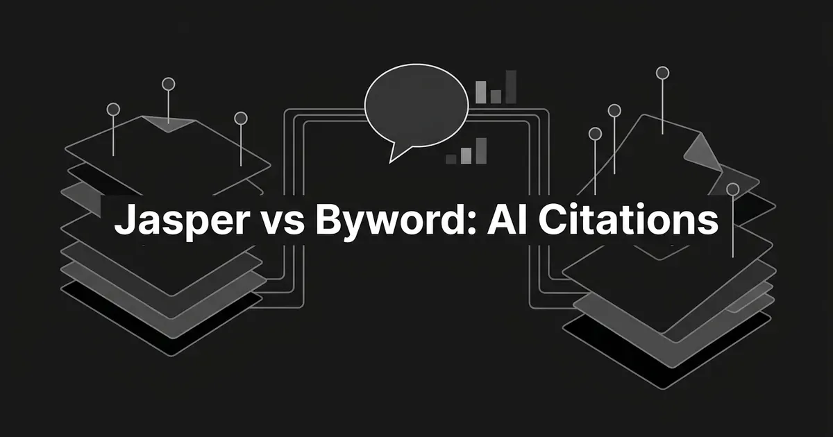 Two stacks of layered document cards joined by thin lines to a central answer bubble, with the cover line Jasper vs Byword: AI Citations.