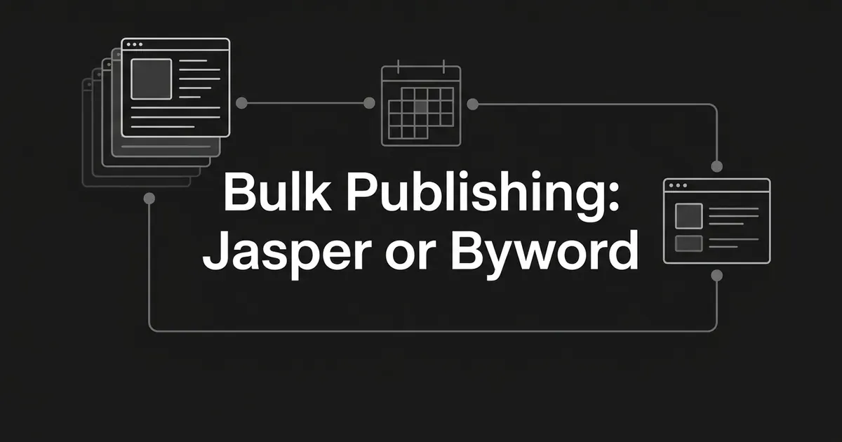 Monochrome abstract illustration of stacked article cards flowing through a calendar grid to a CMS window, with the cover line about bulk publishing with Jasper or Byword.
