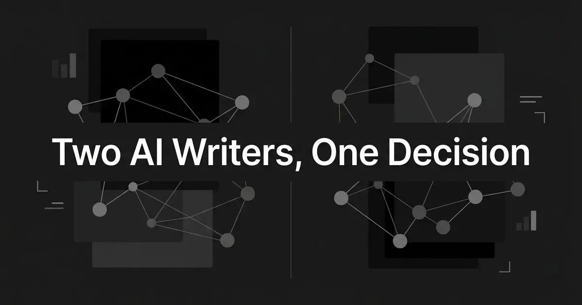 A monochrome cover showing two separate clusters of connected nodes on either side of a dividing seam, under the centred white cover line Two AI Writers, One Decision.