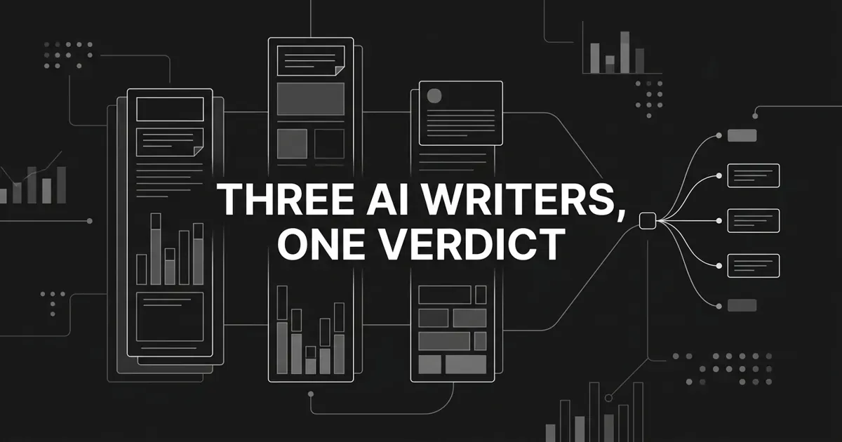 Monochrome abstract cover showing three vertical column forms converging into a single node that fans out toward answer panels, with the white cover line "Three AI Writers, One Verdict" centered on a charcoal background.