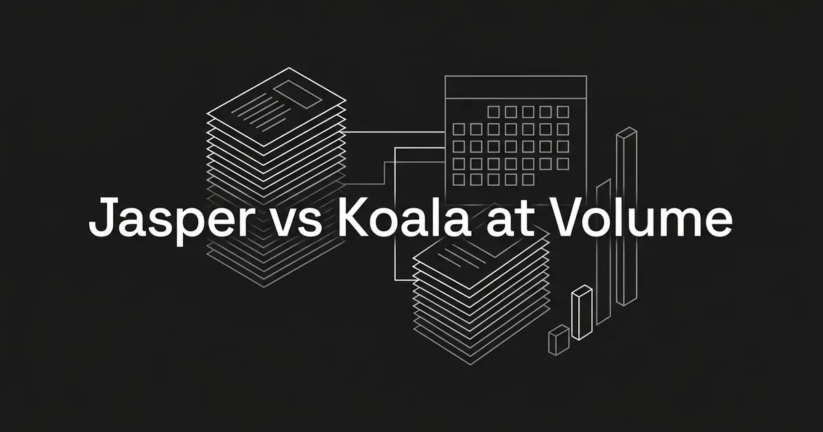 Monochrome line illustration of two stacks of article pages, a calendar grid and a rising bar chart behind the cover line Jasper vs Koala at Volume.