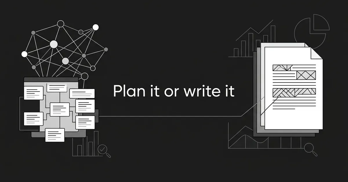 Monochrome illustration of a network of connected nodes above a map of content cards on the left, linked by a thin line to a stack of document pages on the right, with the cover line Plan it or write it.
