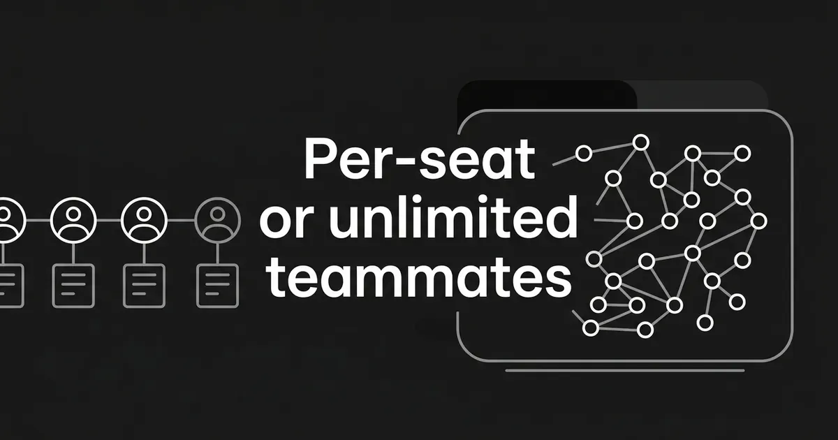 Dark monochrome cover with the line Per-seat or unlimited teammates, a row of single user icons on the left and a large connected network of nodes on the right.