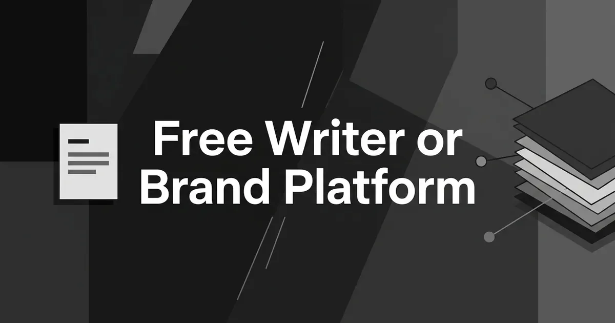 Monochrome cover reading Free Writer or Brand Platform, with a single document card on the left and a stack of connected layered cards on the right.