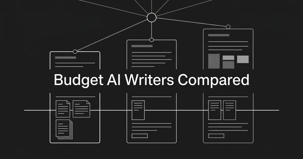 Monochrome line illustration on charcoal showing three unlabeled document cards of different heights in a row, crossed by a shared horizontal baseline and linked upward to a single circular node with radiating citation lines, under the centered white cover line Budget AI Writers Compared.