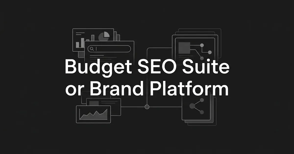 A charcoal cover with the line Budget SEO Suite or Brand Platform over two groups of white-line chart and node cards joined by a thin connector.