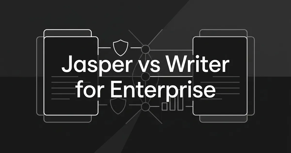 Jasper vs Writer for Enterprise in white text on a charcoal background, between two layered document cards joined by connection lines, a shield outline and a small bar chart.