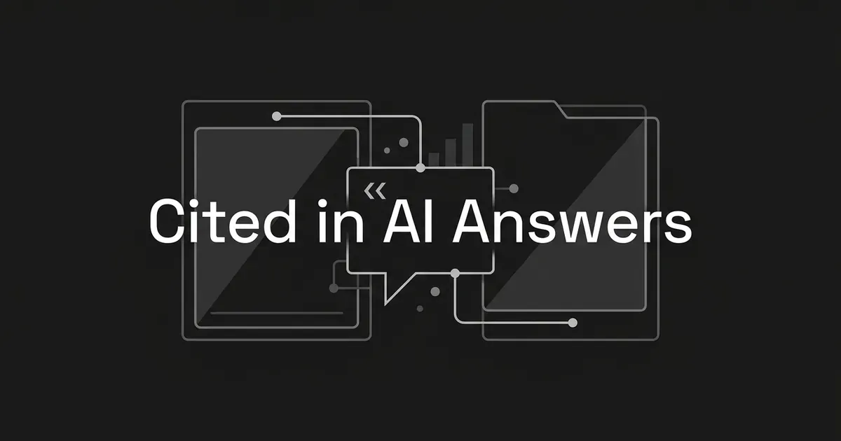 Two abstract platform cards joined by connector lines to a central speech bubble, with the cover line Cited in AI Answers, in white on charcoal.