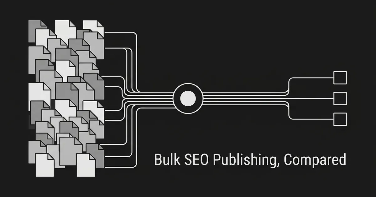 Many document cards on the left feed through connection lines and a central node into three outlets on the right, above the line Bulk SEO Publishing, Compared.