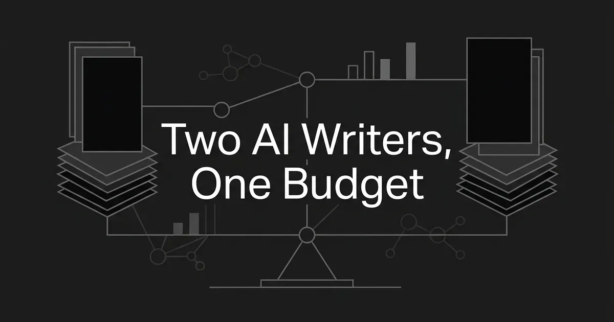 A monochrome illustration shows two stacks of documents balanced on either side of a scale beam, with the cover line Two AI Writers, One Budget centred over faint node and bar-chart linework.