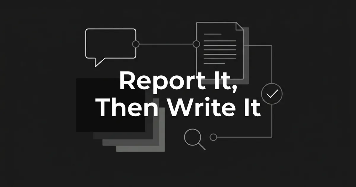 Abstract monochrome diagram of a speech bubble linked to a document card, a magnifying glass and a checkmark, behind the cover line Report It, Then Write It.