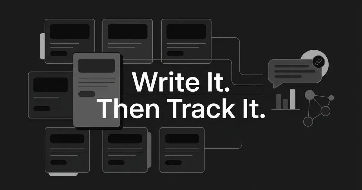 Eight abstract tool cards on a dark charcoal background connect by thin lines to an AI answer block, a bar-chart fragment and a node network, under the cover line Write It. Then Track It.