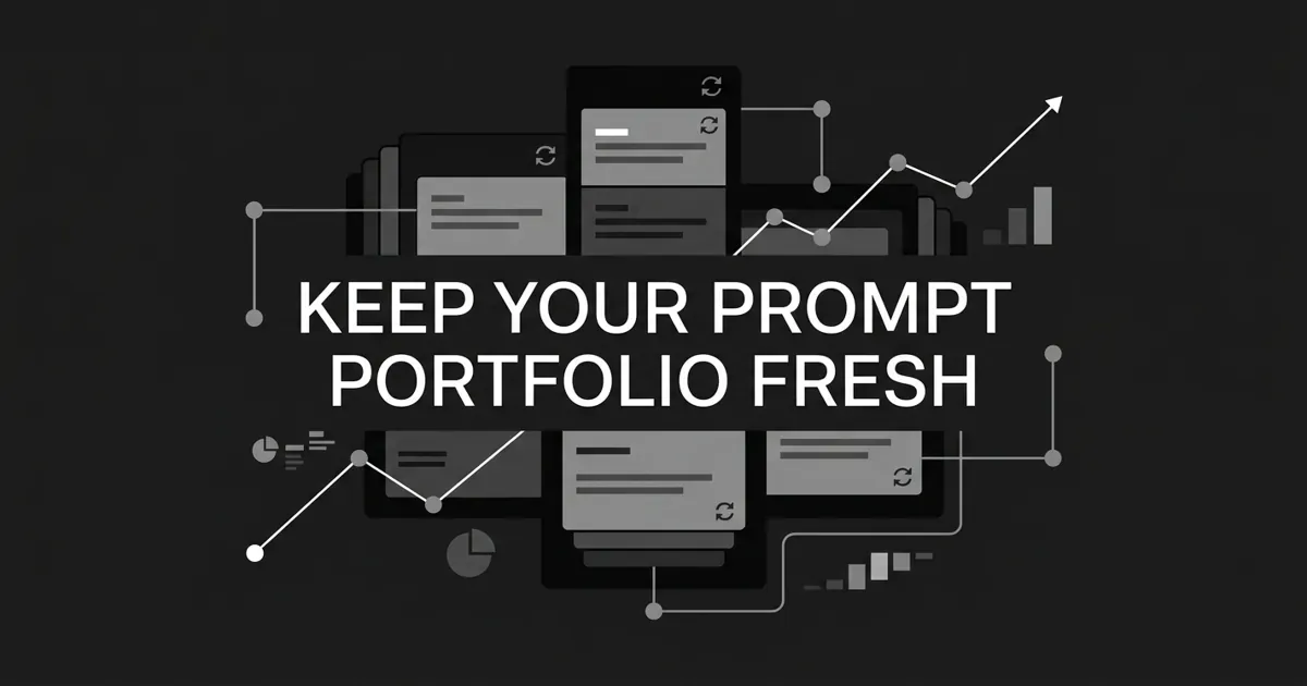 A monochrome geometric cover showing a grid of layered prompt cards marked with refresh arrows, linked by node lines to a rising visibility trend, under the cover line Keep Your Prompt Portfolio Fresh.