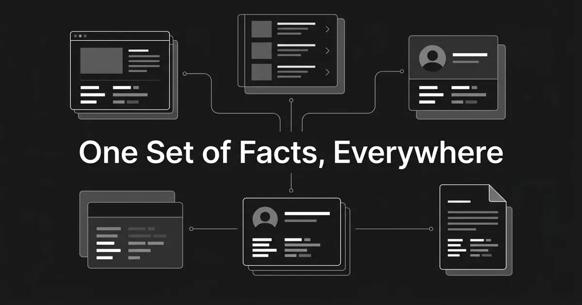 Monochrome flat-vector cover showing six abstract source cards, a web page, a directory listing, a profile, and a document, linked by thin connection lines around the centered white cover line "One Set of Facts, Everywhere".