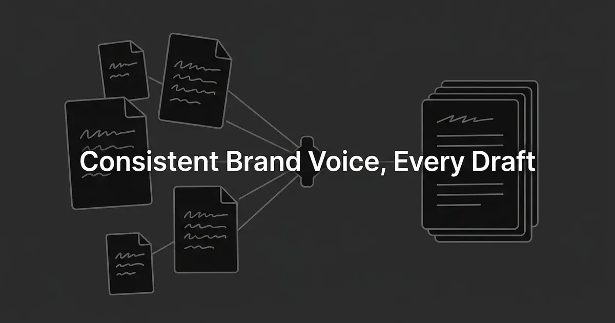 Abstract illustration of several mismatched document shapes with wavy scribble lines converging through a small connecting node into one neat, aligned stack of documents, with the cover line Consistent Brand Voice, Every Draft.