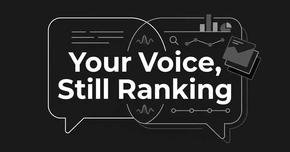 A white cover line, Your Voice, Still Ranking, centered over two overlapping speech-bubble outlines that hold sentence lines, a search magnifier, connected nodes and chart fragments in monochrome on charcoal.