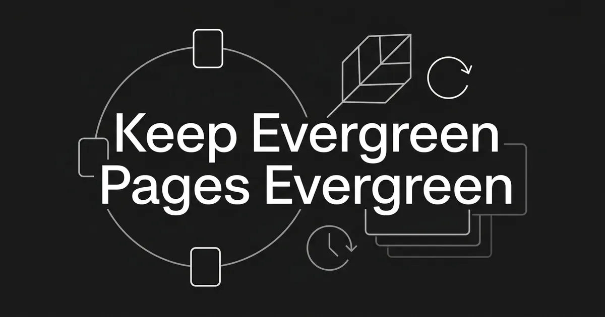 A monochrome abstract cover showing the words Keep Evergreen Pages Evergreen inside a closed circular loop of connector lines, with a geometric leaf, a cycle arrow and layered cards around it.