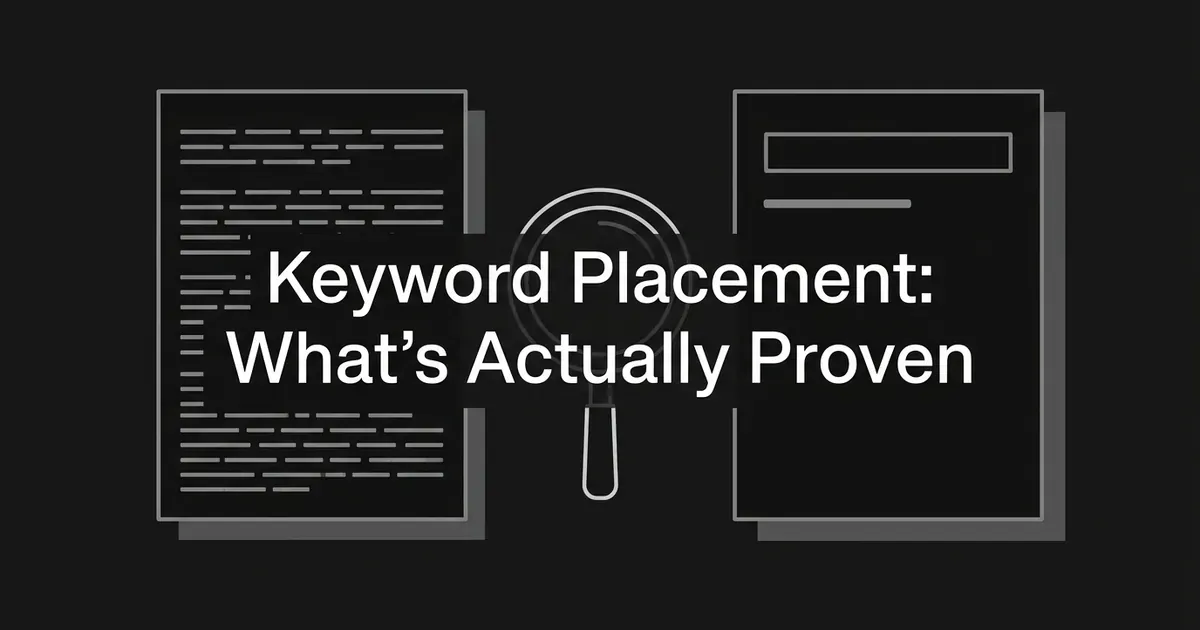 A monochrome illustration contrasts a cluttered document packed with repeated text lines against a clean document with a single clear heading, with a magnifying glass between them, under the text Keyword Placement: What's Actually Proven.