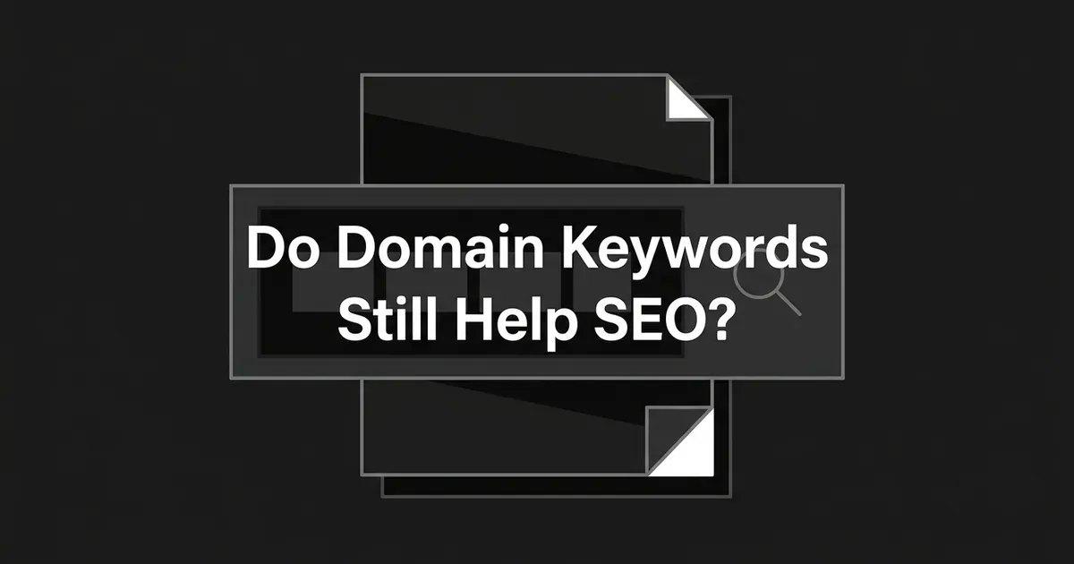 Monochrome illustration of a browser address bar with abstract word blocks overlapping a document and a search icon, with the text Do Domain Keywords Still Help SEO.