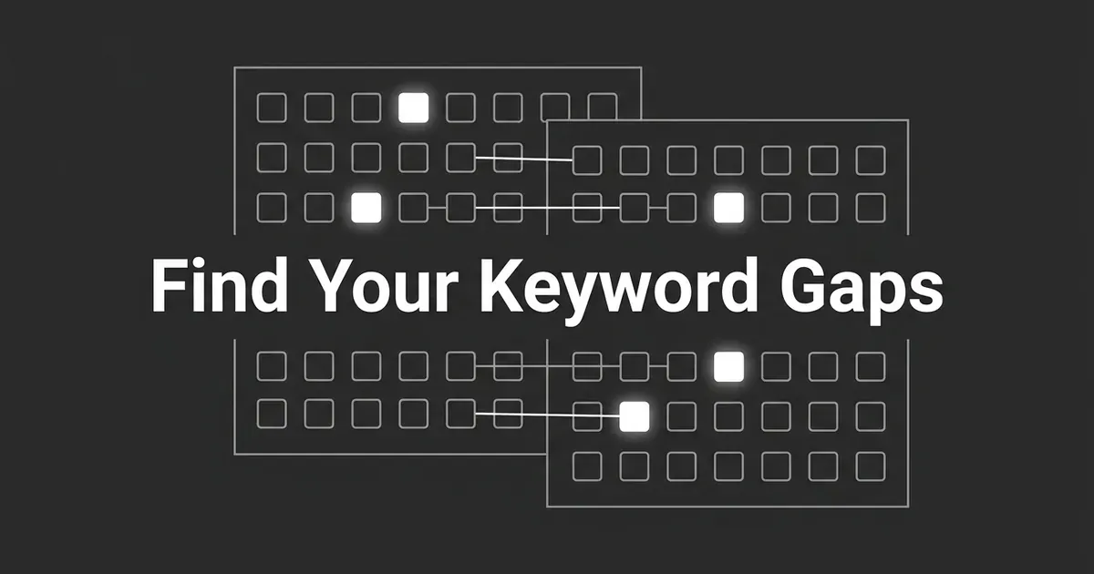 Two overlapping grids of keyword position squares on a dark background, with a few squares glowing white to mark keyword gaps between two compared sites, under the cover line Find Your Keyword Gaps.