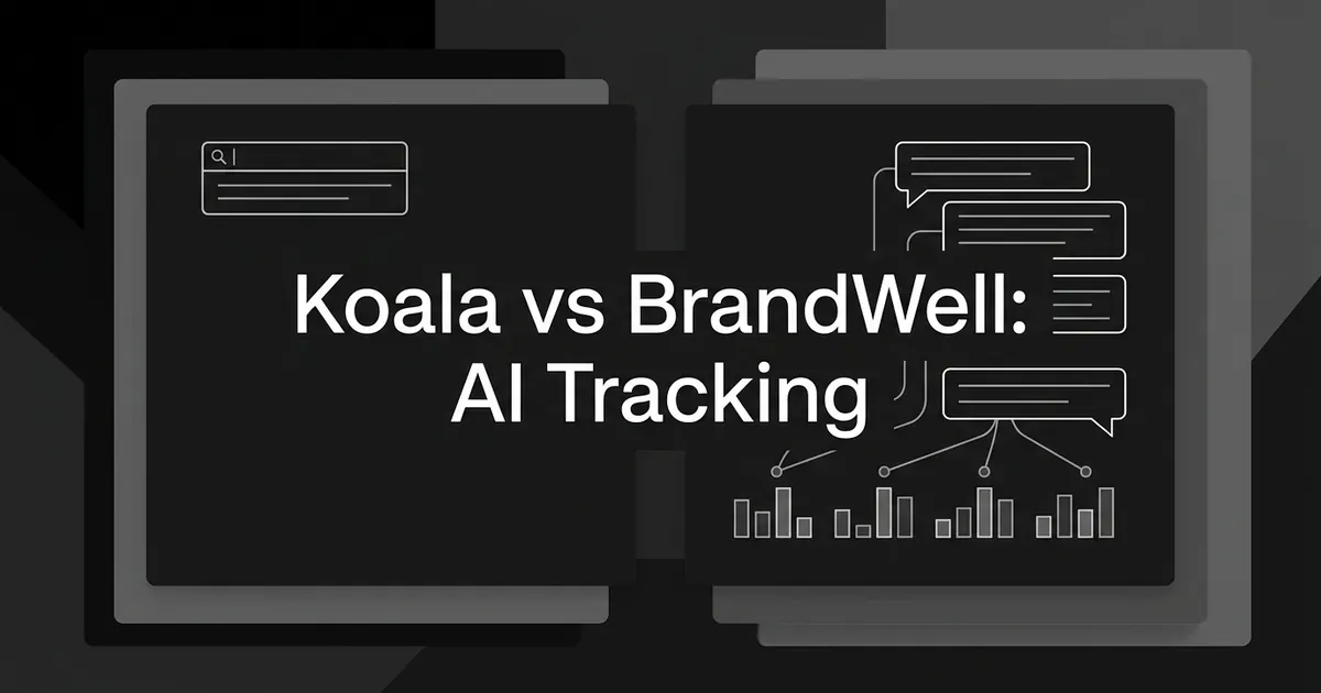 Dark monochrome cover with the line Koala vs BrandWell: AI Tracking centered between two layered panels, one holding a single search box and the other several answer bubbles linked to bar chart fragments.