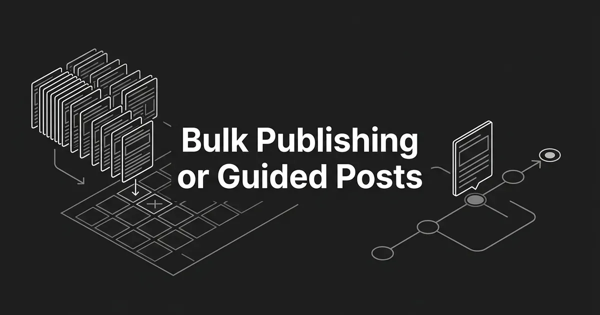 Cover with the line Bulk Publishing or Guided Posts between a stack of article cards flowing onto a calendar grid and a single article card moving along a short path of step nodes.