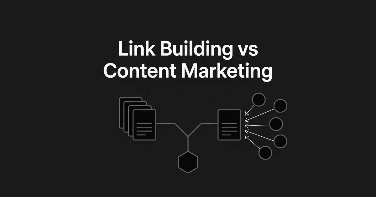 A monochrome diagram of a single node branching into a stack of content pages on one side and a cluster of external nodes pointing inward on the other, illustrating link building vs content marketing.