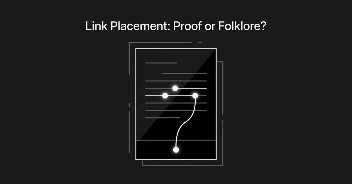 Abstract line illustration of a page with glowing nodes marking links in the body text and one in the footer, connected by a curved line, with the cover line Link Placement: Proof or Folklore.