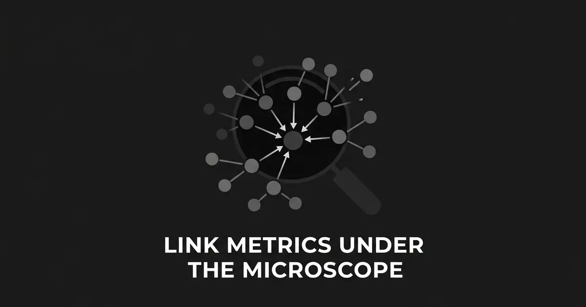 A monochrome illustration of a magnifying glass examining a cluster of connected link nodes, some pointing inward and some breaking away, under the text Link Metrics Under the Microscope.