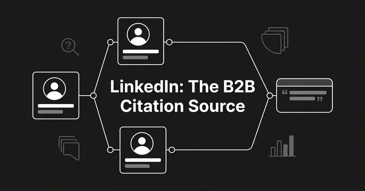 A monochrome abstract cover showing three professional profile cards linked by white node lines that converge into a quoted answer panel, with the centered white cover line reading LinkedIn: The B2B Citation Source.
