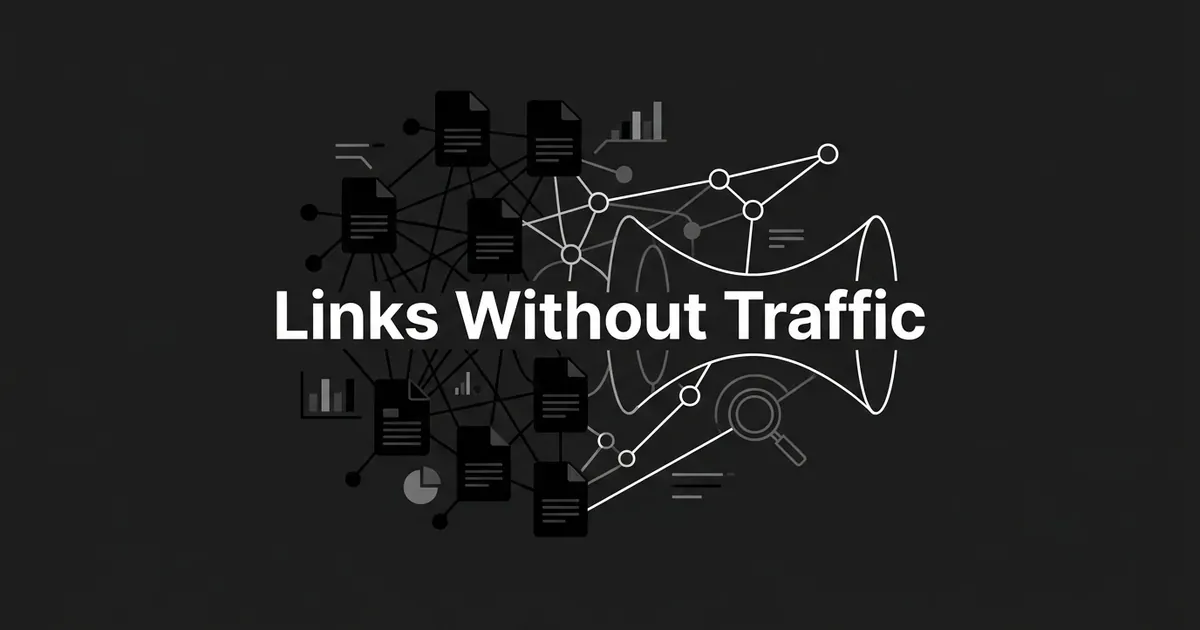 Abstract illustration of a dense cluster of linked document nodes on a charcoal background, connecting into a funnel shape that narrows to nothing, with the words Links Without Traffic centered in white text.